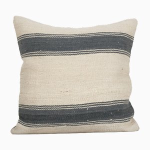 Vintage Gray Striped Organic Hemp Kilim Cushion Cover, 2010s