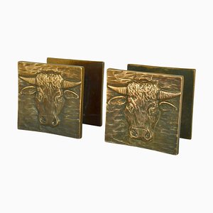 Double Bronze Push Pull Door Handles with Bulls, 1970s, Set of 2