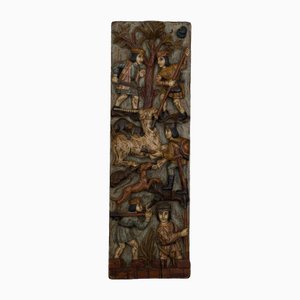Panel de caza del siglo XX de madera tallada y personajes medievales policromados