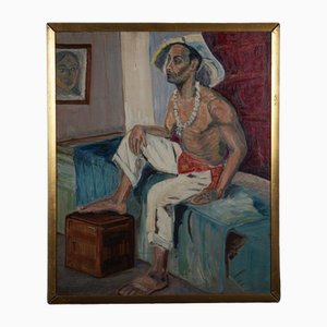 Pegeaud-Deva, Interior Scene with Man, Oil on Cardboard, Framed