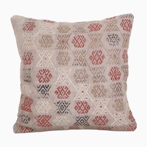 Pink Jajim Cushion Cover Case Made from Rustic Anatolian Vintage Kilim, Square Wool Cushion Cover 16 X 16