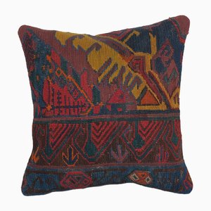 Turkish Kilim Lumbar Rug Cushion Cover in Wool with Stripes