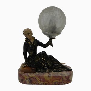 Lampada da scrivania Art Déco con donna e globo, anni '20