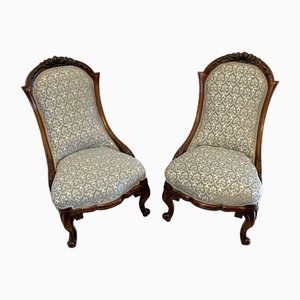 19th Century Victorian Ladies Chairs in Carved Walnut, 1860s, Set of 2