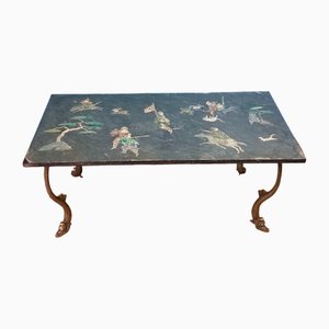French Chinoiserie Brass & Marble Coffee Table, 1930s