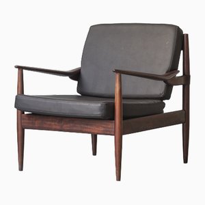 Easy Chair in Rosewood in Black Leather by Beka, Belgium, 1960s