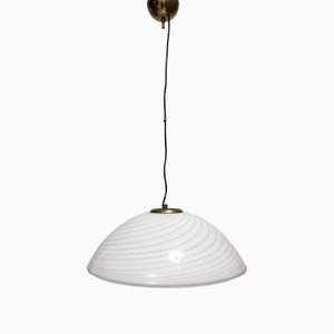 Postmodern Adjustable White Murano Glass & Brushed Brass Pendant attributed to Veart, Italy, 1980s