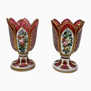 Vintage Bohemian Hand Cut Crystal Ruby Cranberry Vases in the Style of Moser, Set of 2