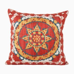 Vintage Uzbek Red Suzani Cushion Cover with Silk
