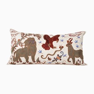 Uzbek Pictorial Suzani Bed Cushion Cover with Animal Garden Motif