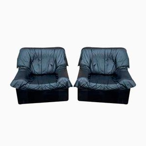 Set of Armchairs in Black Leather, Italy, 1980s