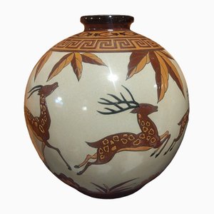 Art Deco Enamel Boule Vase from Longwy