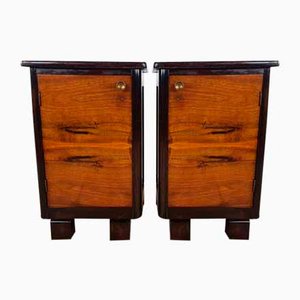 Art Deco Bedside Tables in Walnut and Mahogany Feather, 1940s, Set of 2