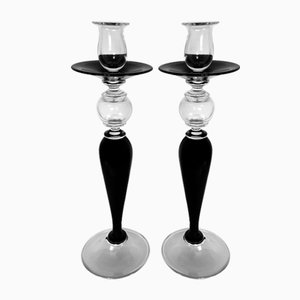 Italienische Art Deco Kerzenständer aus schwarzem Kristallglas, 1985, 2er Set