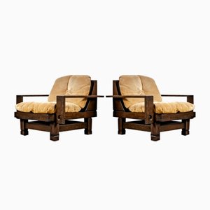 Lounge Chairs in Softwood and Leather, France, 1960s, Set of 2