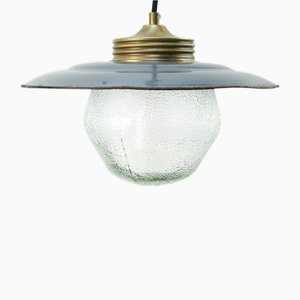 Vintage Gray Enamel and Brass Frosted Glass Pendant Light