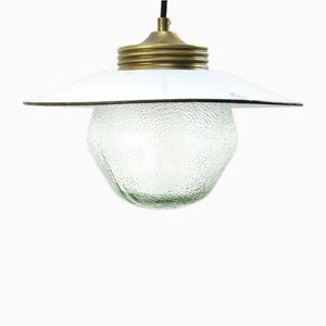 Lampe à Suspension Vintage en Laiton, Émail Blanc et Verre Givré
