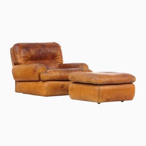 Leather Lounge Chair with Ottoman, 1970s, Set of 2