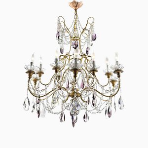 Large Gilt Chandelier with Crystals, 1950s