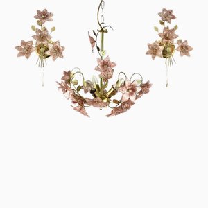 Vintage Kronleuchter & Wandleuchten aus Messing mit Muranoglas Blumen, Italien, 3 . Set