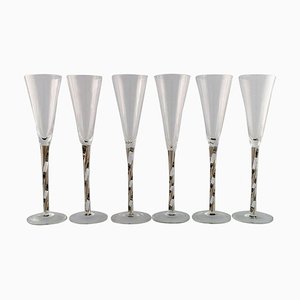 Copas de champán escandinavas de vidrio artístico soplado a la boca. Juego de 6
