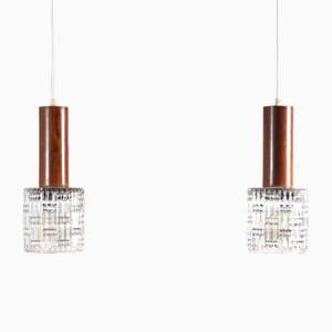 Rosewood Hanging Lamps with Crystal Glass from Orrefors, 1960s, Set of 2