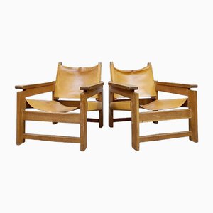 Brutalist Safari Leather Lounge Chairs, 1970s, Set of 2