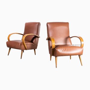 French Upholstered Bentwood Armchairs, 1960s, Set of 2
