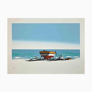Enotrio Pugliese, serigrafía, paisaje marino con barco, años 60
