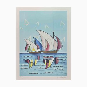 Ibrahim Kodra, The Colorful Sailboats, litografía, años 70