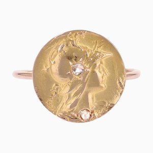 20th Century 18 Karat French Diamonds Rose Gold Minerva Round Shape Ring, 1890s