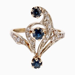 Französischer 18 Karat Saphir Diamanten Gelbgold Ring, 1960er
