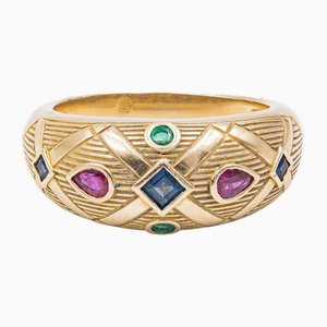 Vintage 18k Yellow Gold Ring with Rubies, Sapphires & Emeralds, 1970s