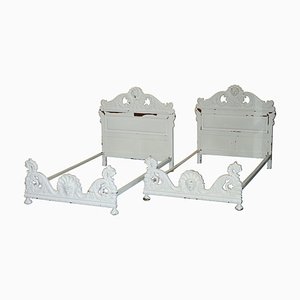 Set of Elm Bed Frames with Ornate Hand Carved Detailing, 1880s