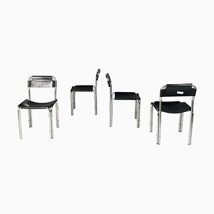 Italienische Moderne Stühle aus schwarzem Leder & Metallrohr, 1980er, 4 . Set