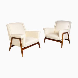 Set of Mid-Century Modern Italian White Cotton & Beech Armchairs, 1960s