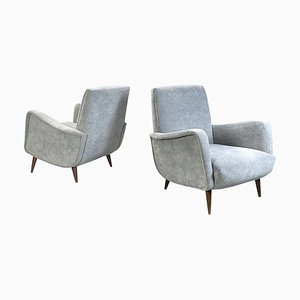 Mid-Century Modern Italian Armchairs in Light Gray Velvet & Wood, 1960s, Set of 2