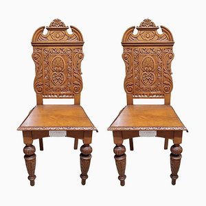 Victorian Hand-Carved Ornate Oak Hall Chairs, Set of 2