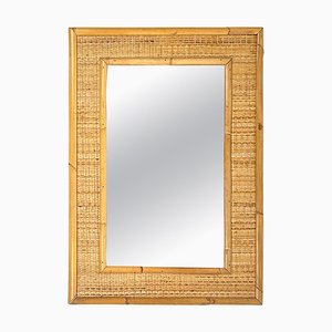 Espejo de pared rectangular de bambú y ratán, Italia, años 60