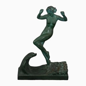 Woman with a Wave Sculpture in Spelter by Raymonde Guerbe, 1930s