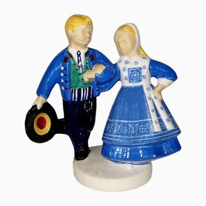 Couple of Young Dancers Figure in Earthenware by R. Micheau-Vernez for Henriot Quimper, Mid 20th Century