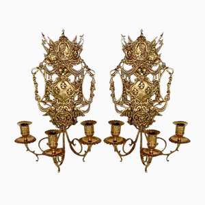 Mid-19th Century Napoleon III 3-Branch Gilt Bronze Candle Sconces, Set of 2