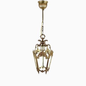 Vintage Pendant Lantern Ceiling Lamp with Glass Panels, Metal and Glass