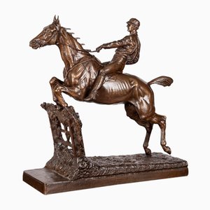 Französischer Künstler, Jockey & über einen Zaun springendes Pferd, 1900, Bronze