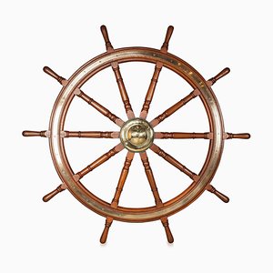 20th Century Edwardian Turned Teak & Brass Ship Wheel, 1900s