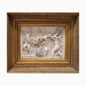 After François Duquesnoy, Relief with Putti, Garlands and Flowers, 19th Century, Marble, Framed