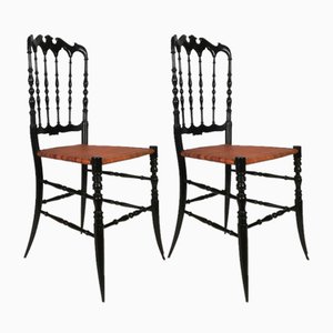 Chiavarine Chairs in Black Wood and Straw, 1950s, Set of 2