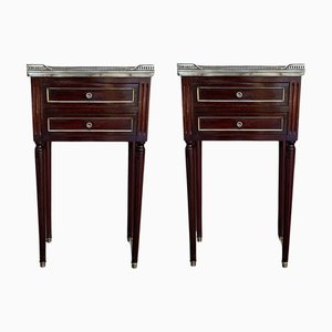 20th Century Louis XVI Style Walnut Nightstands with Marble Top and Bronze Inserts, Set of 2