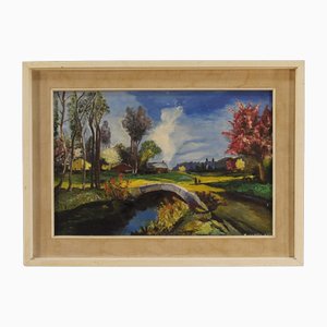 Artiste Français, Paysage Impressionniste, 1960, Huile sur Toile, Encadrée