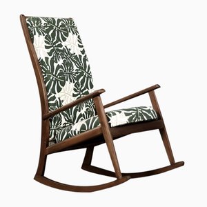 Danish Modern Rocking Chair in Wood and Monstera Leaf Pattern Fabric, 1960s